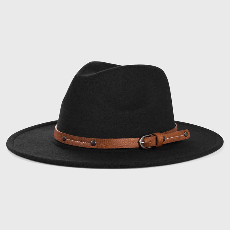 Cintura monocromatica con fibbia in metallo, semplice cappello da cowboy jazz a tesa larga