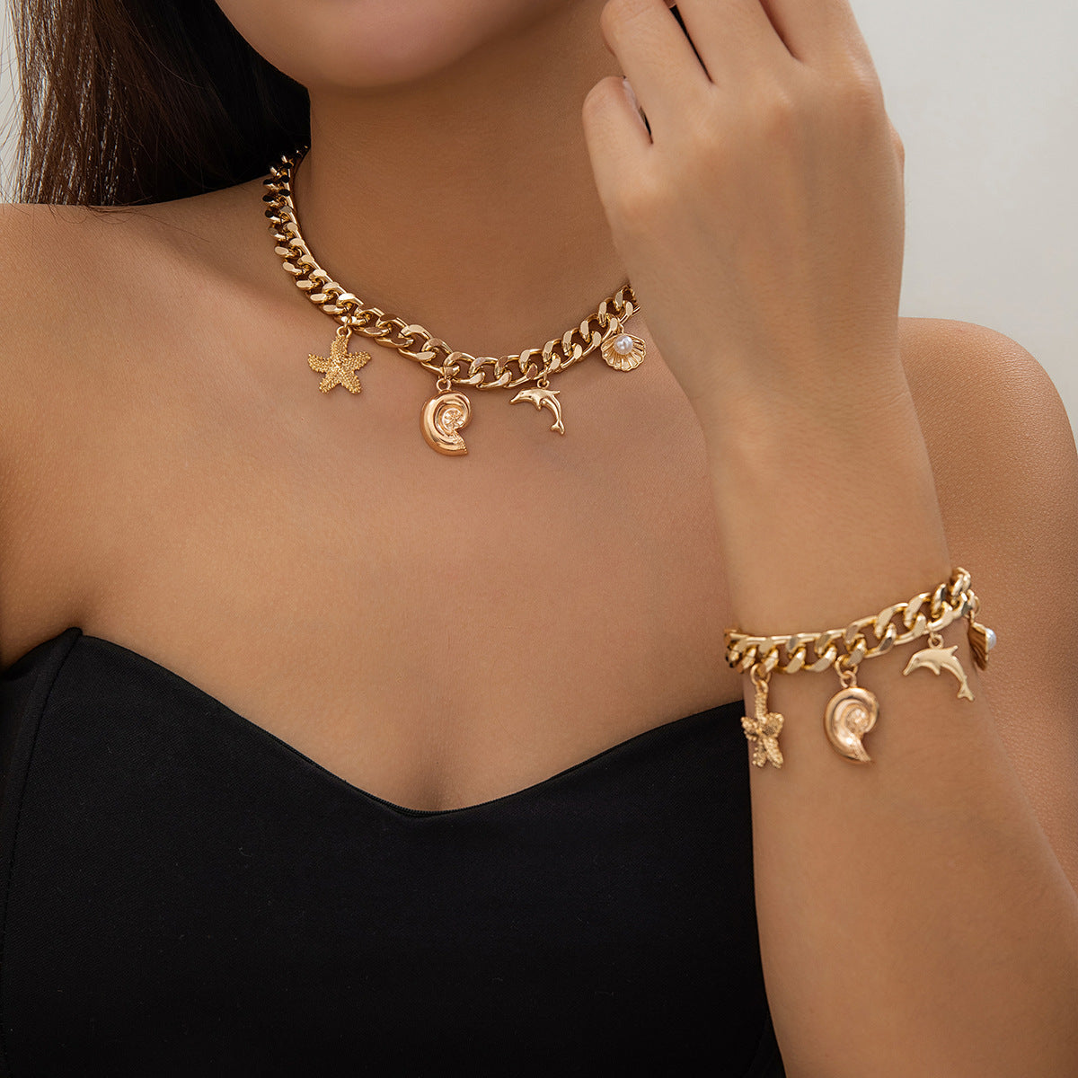 Creative Boho Conch Dolphin Starfish Pendant Choker Necklace Bracelets Women