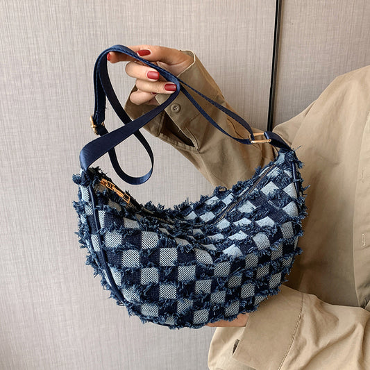 Borsa a tracolla sottobraccio in denim con motivo a scacchiera