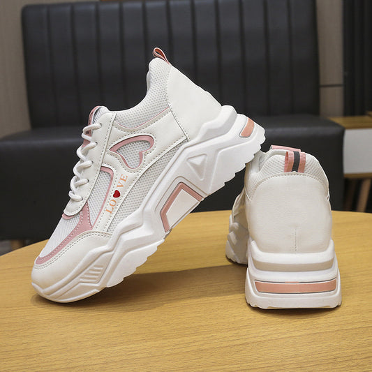 Scarpe da donna bianche con plateau basse e casual sportive primaverili, con aumento dell'altezza