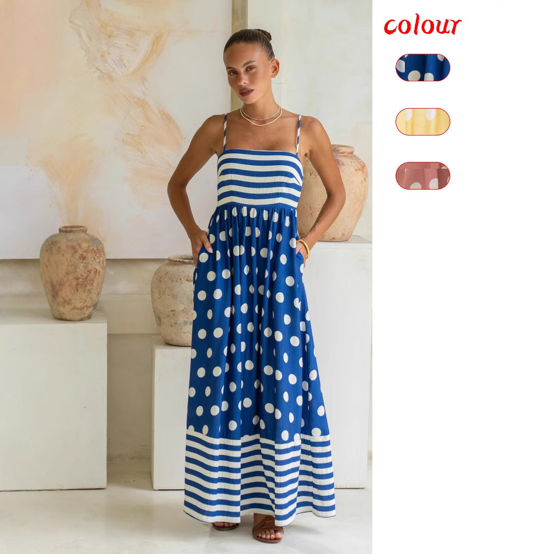 Abito da donna alla moda con stampa a vita alta e ampia scollatura senza schienale