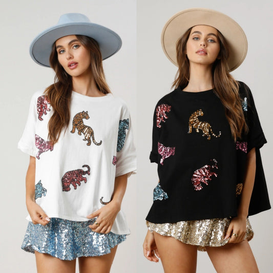 Maglietta casual ampia con paillettes tigre