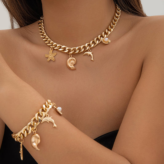 Creative Boho Conch Dolphin Starfish Pendant Choker Necklace Bracelets Women