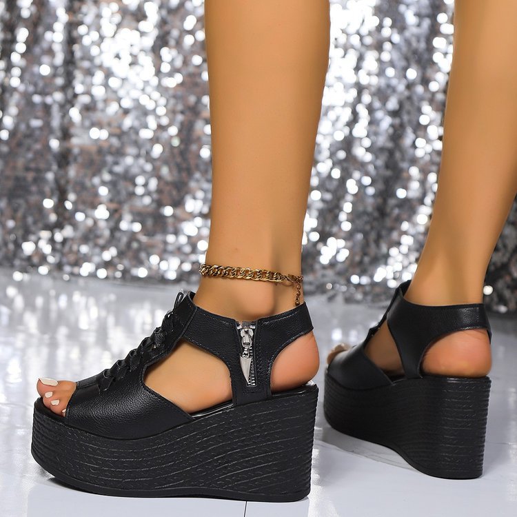 Sandali romani con zeppa e cerniera, punta aperta, scarpe da spiaggia da donna