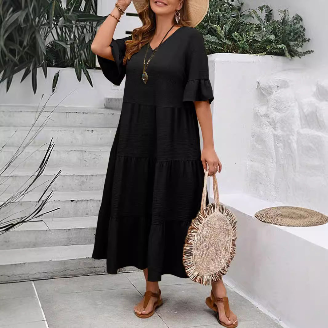 V-neck Stitching Multicolor Long Large Hem Plus Size Dress