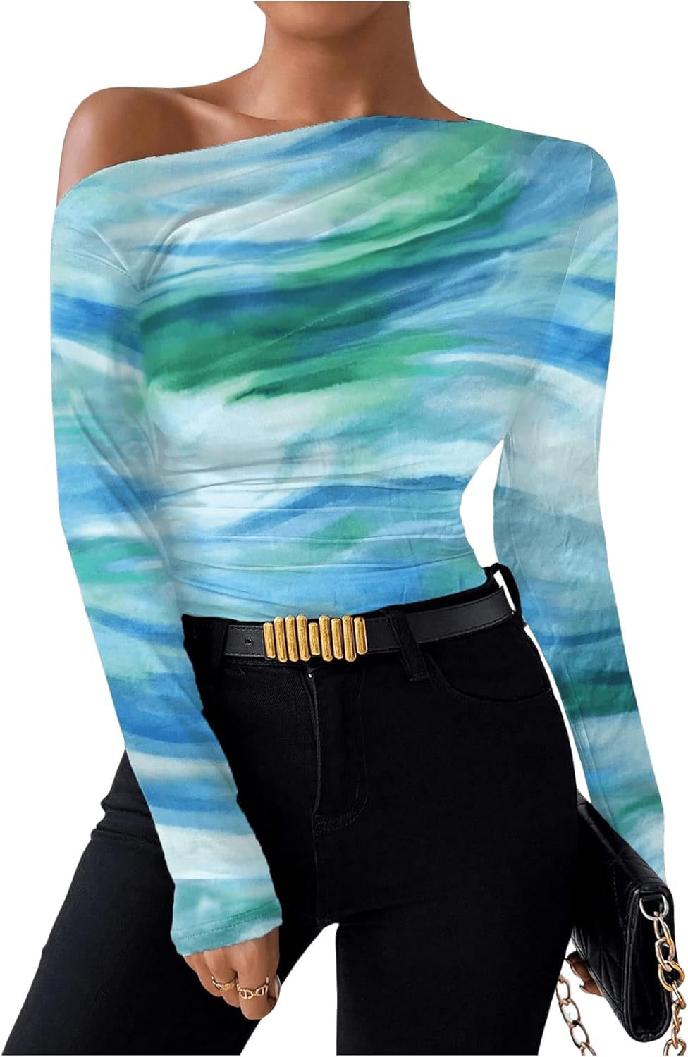 Nuova maglietta a maniche lunghe con volant asimmetrico e stampa tie-dye alla moda