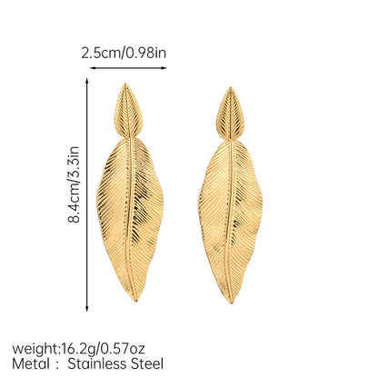 Orecchini pendenti con foglia in acciaio inossidabile e texture in metallo a forma di foglia
