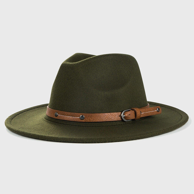 Cintura monocromatica con fibbia in metallo, semplice cappello da cowboy jazz a tesa larga