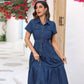 Denim Lapel Short Sleeve Waist-controlled Cardigan Long Dress