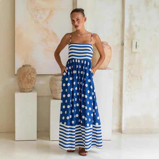 Abito da donna alla moda con stampa a vita alta e ampia scollatura senza schienale
