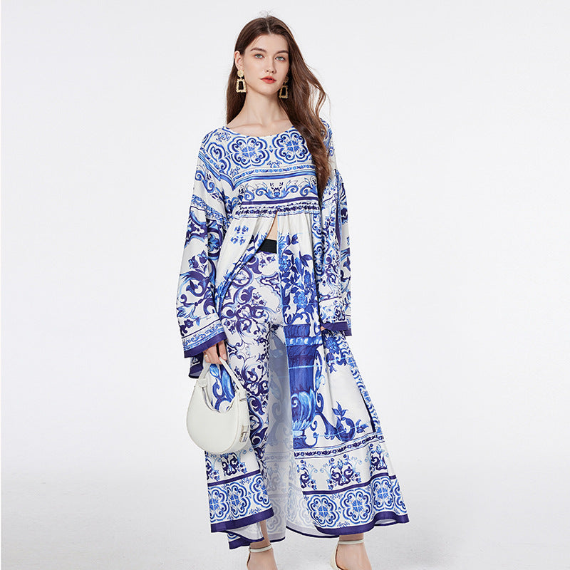Blue And White Porcelain Printed Loose Long Sleeves Blouse Trousers Two-piece Suit