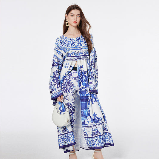 Blue And White Porcelain Printed Loose Long Sleeves Blouse Trousers Two-piece Suit