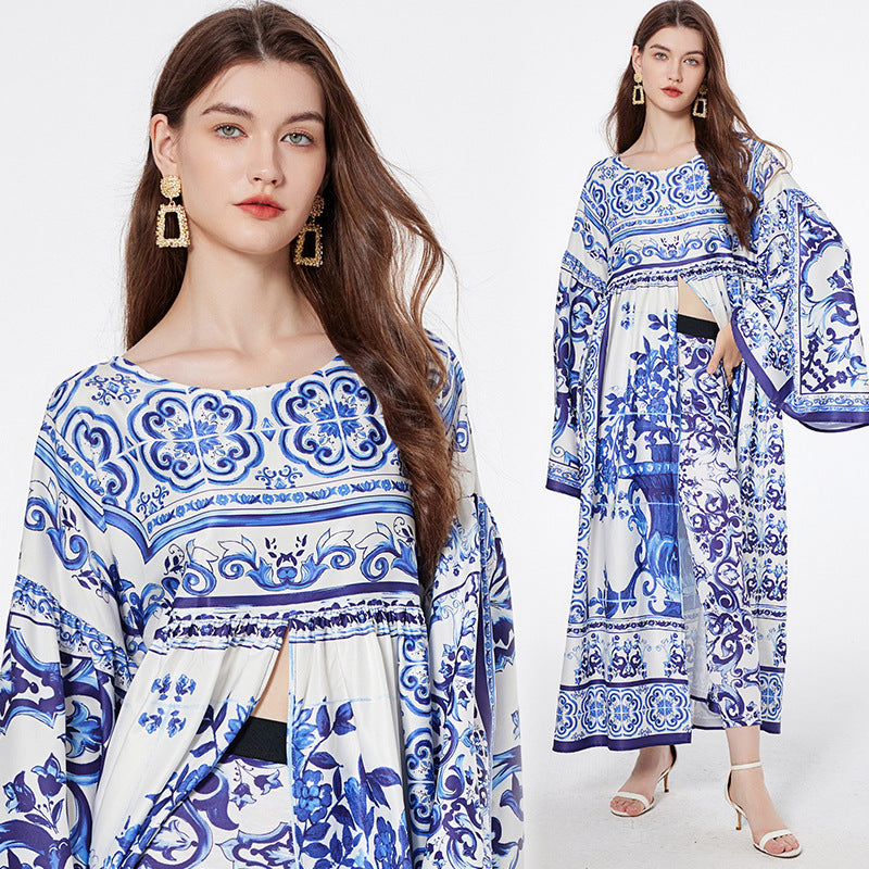 Blue And White Porcelain Printed Loose Long Sleeves Blouse Trousers Two-piece Suit