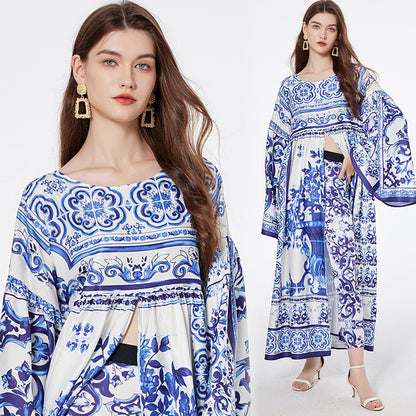 Blue And White Porcelain Printed Loose Long Sleeves Blouse Trousers Two-piece Suit