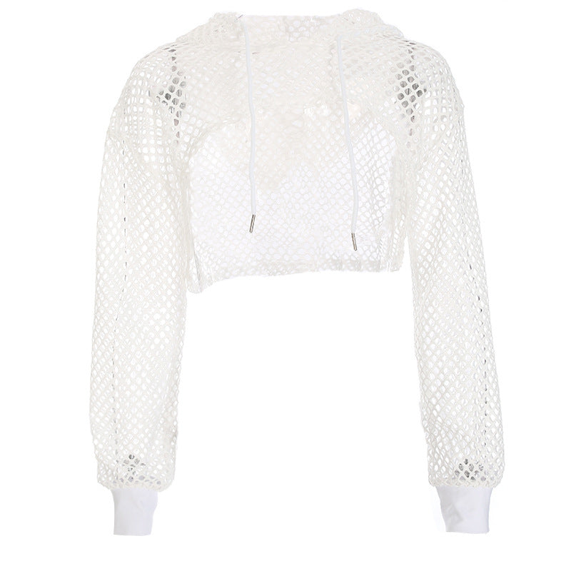 Solid Color Mesh Hollow Out Hooded Loose Smock Top