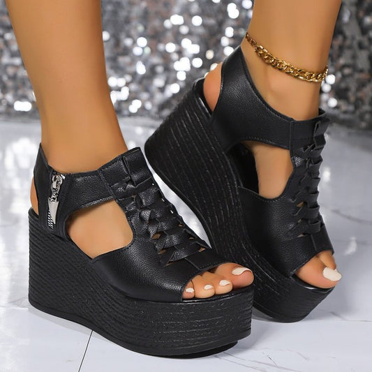 Sandali romani con zeppa e cerniera, punta aperta, scarpe da spiaggia da donna