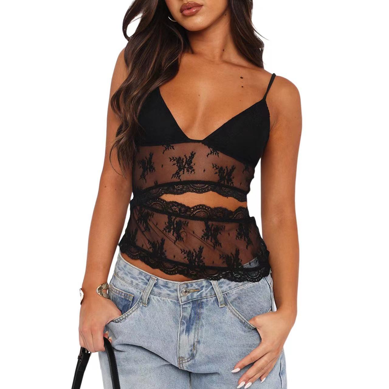 Canotta da donna con scollo a V, in pizzo, con cuciture sulla schiena, piccola, senza spalline, in colore caramella, bralette