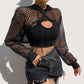 Solid Color Mesh Hollow Out Hooded Loose Smock Top