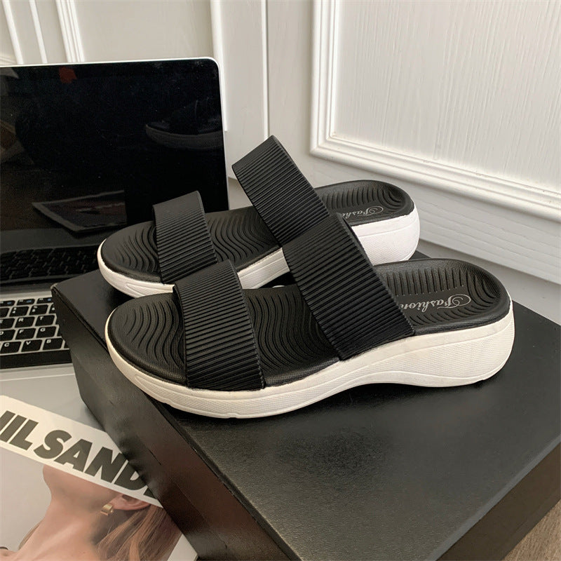 Pantofole da donna alla moda con suola spessa e doppio cinturino abbinato ai colori