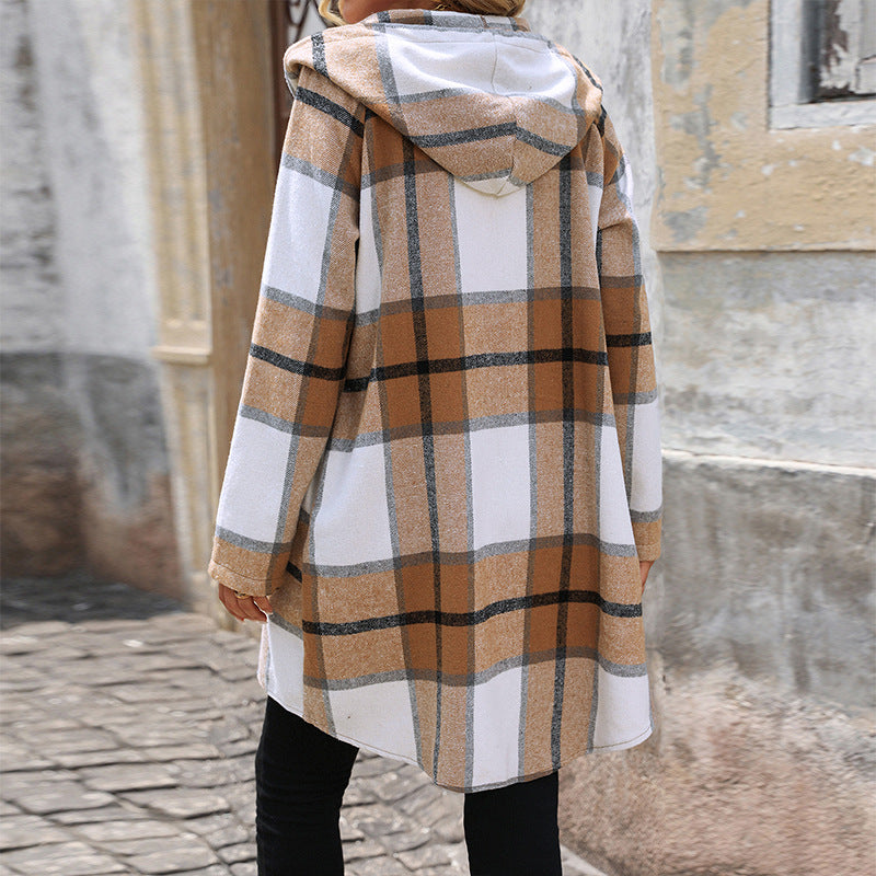 Women's Plaid Loose-fitting Casual Hooded Coat