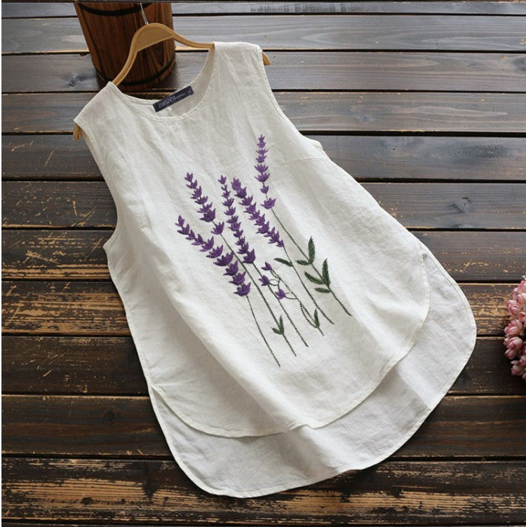 Gilet casual da donna in cotone e lino, senza maniche, con scollo a giro, ricamato estivo
