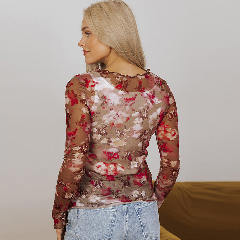 Maglia a maniche lunghe patchwork in rete alla moda da donna