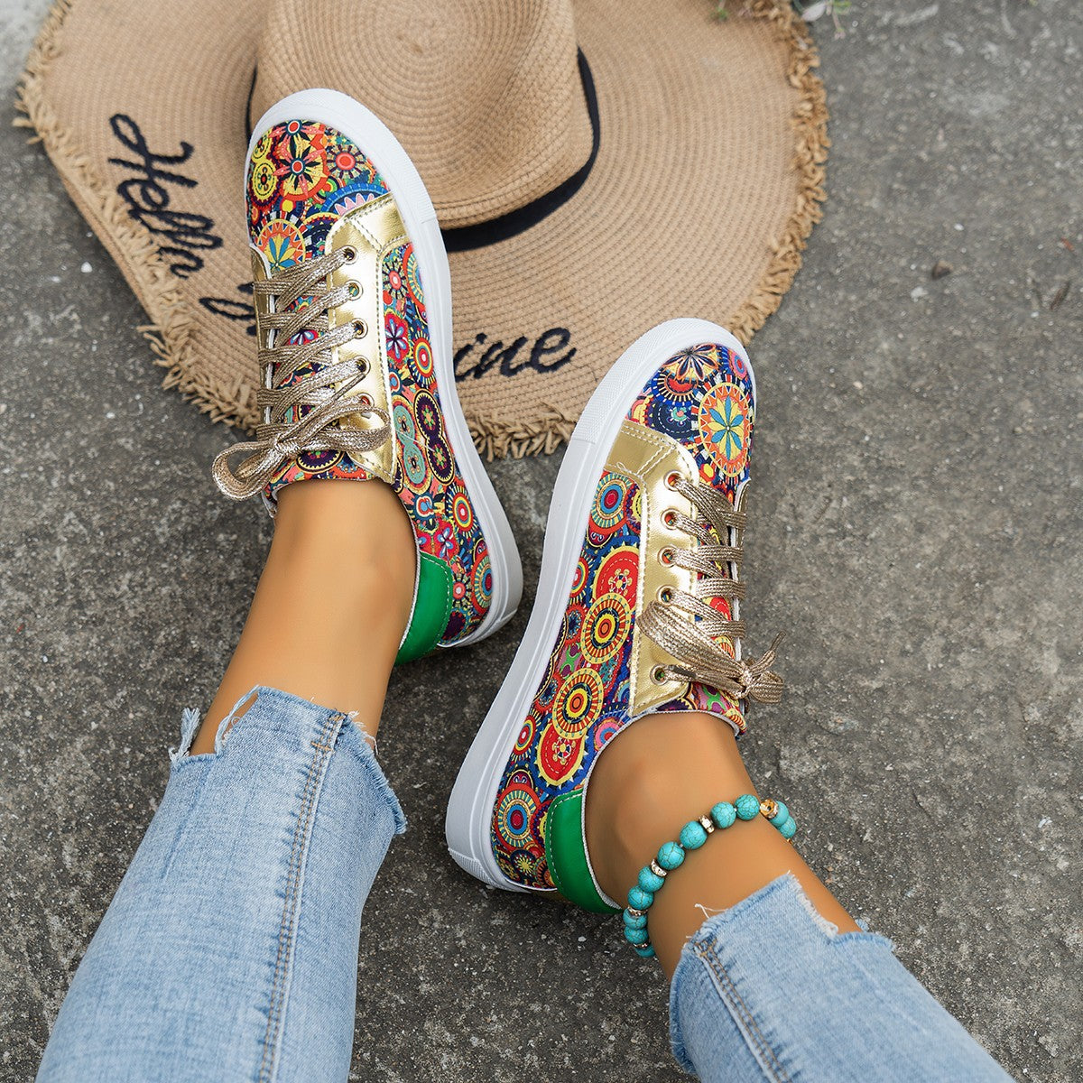Round Toe Board Shoes Printed Canvas Women's Shoes