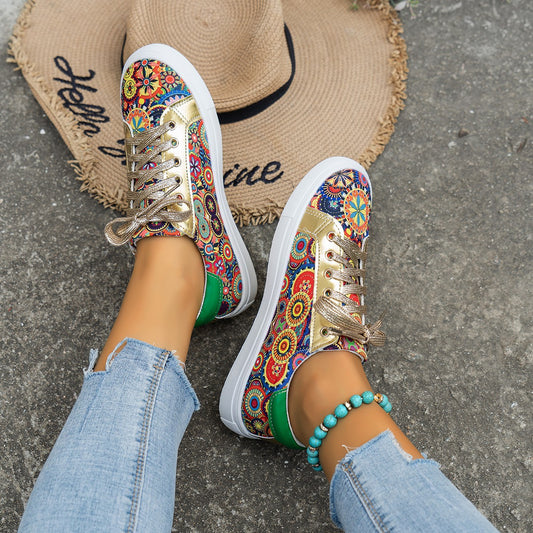 Round Toe Board Shoes Printed Canvas Women's Shoes