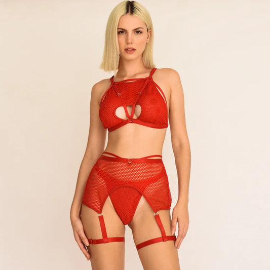 Completo intimo da donna in tre pezzi con inserti in rete