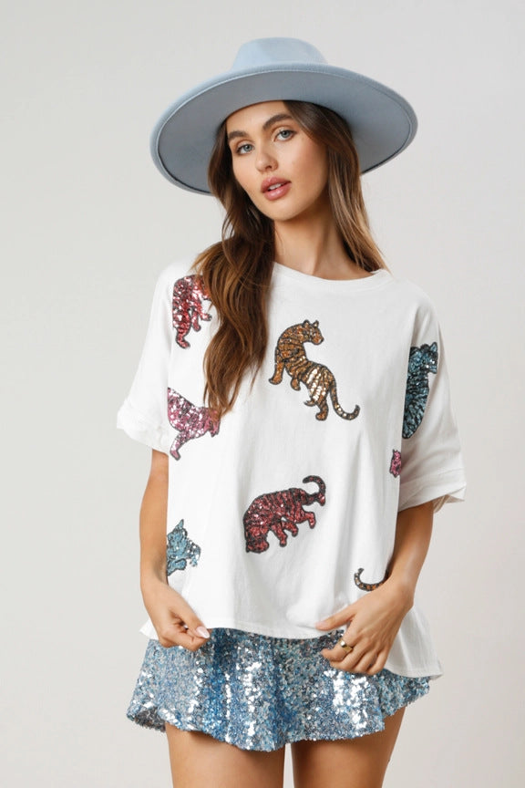 Maglietta casual ampia con paillettes tigre