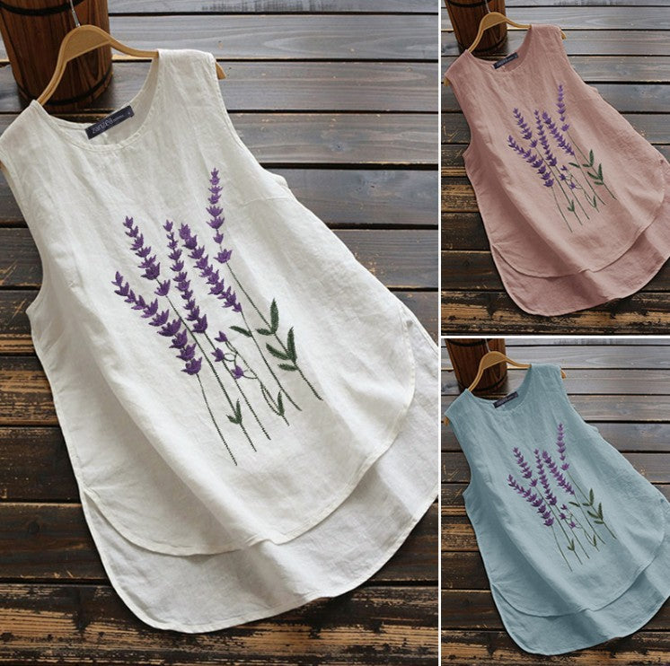Gilet casual da donna in cotone e lino, senza maniche, con scollo a giro, ricamato estivo