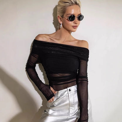 European And American Style Solid Color Slim-fit Fashionable Off-neck Mesh Long-sleeved Top