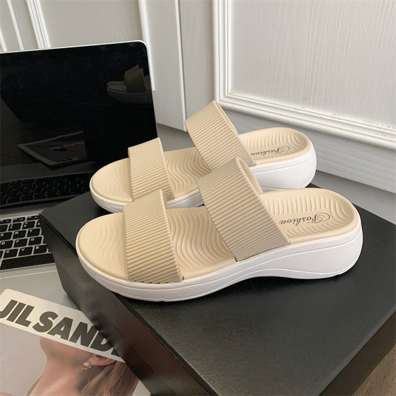 Pantofole da donna alla moda con suola spessa e doppio cinturino abbinato ai colori