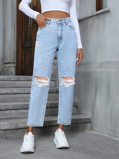 Lässige, lockere, gerade, zerrissene Jeanshose für Damen