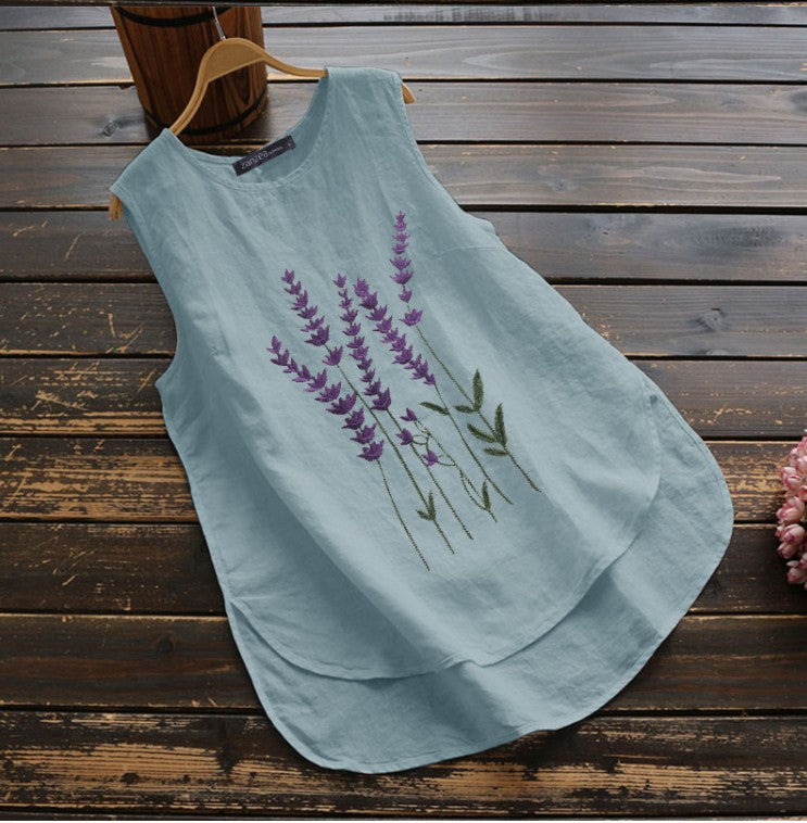 Gilet casual da donna in cotone e lino, senza maniche, con scollo a giro, ricamato estivo