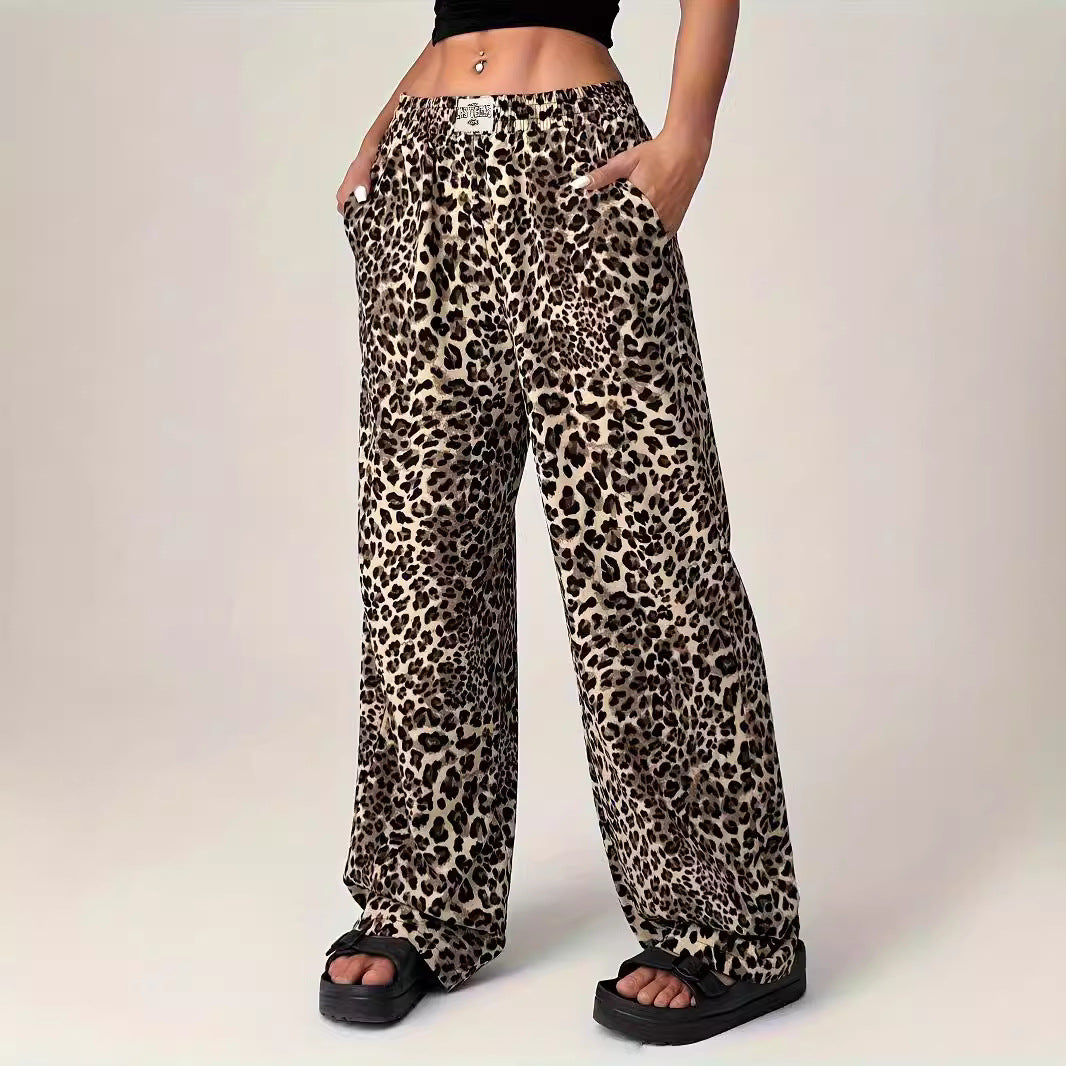 Pantaloni dritti casual stampati con stampa leopardata, pantaloni larghi e larghi per le donne