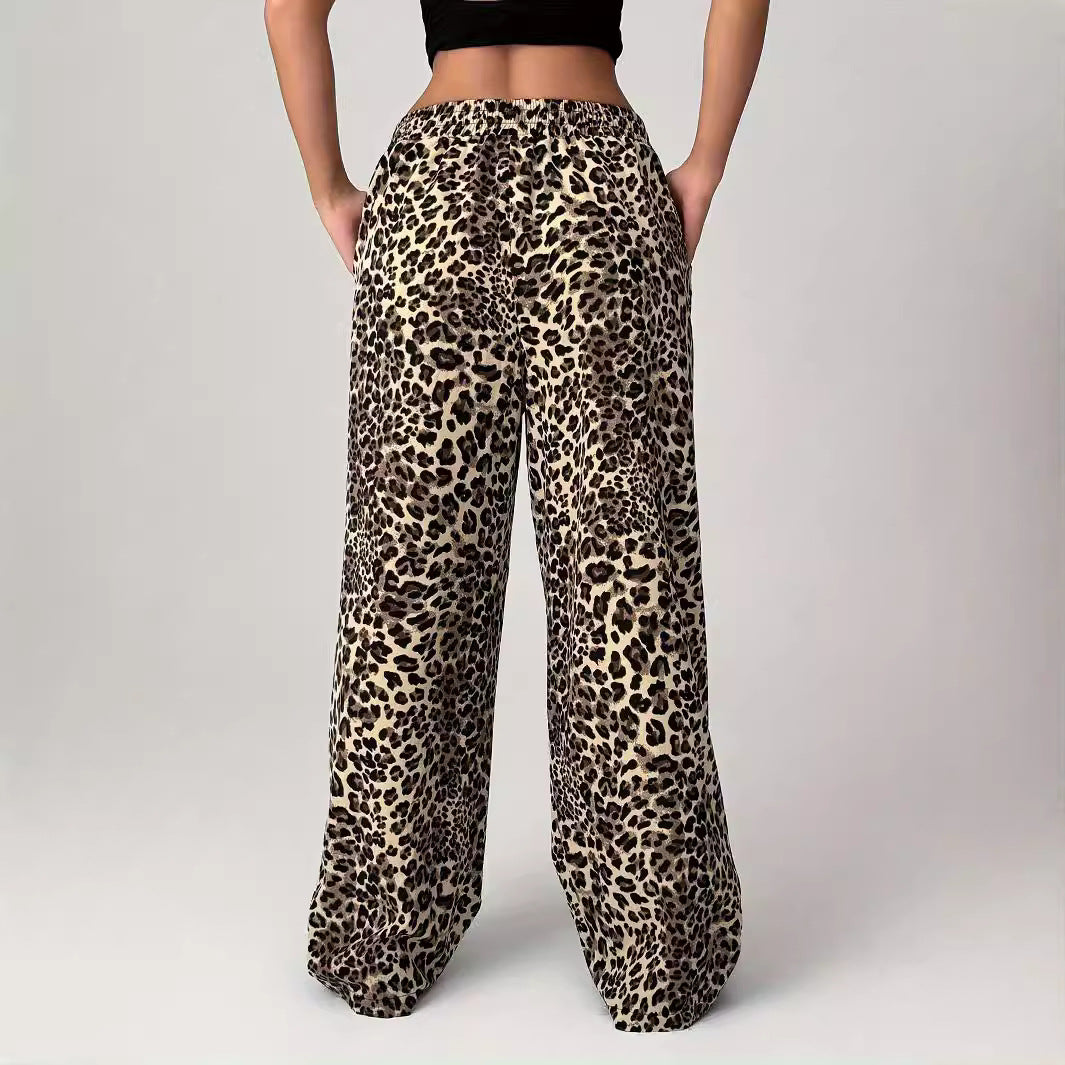 Pantaloni dritti casual stampati con stampa leopardata, pantaloni larghi e larghi per le donne