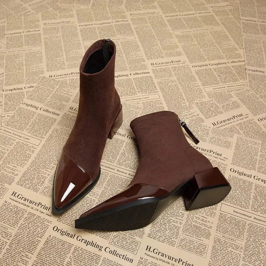 All-Match-Einteiler-Rock, spitze Zehenpartie, klobiger Absatz, bequeme Röhrenstiefel für Damen
