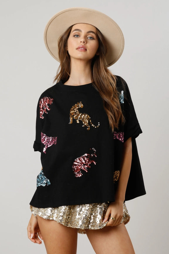Maglietta casual ampia con paillettes tigre
