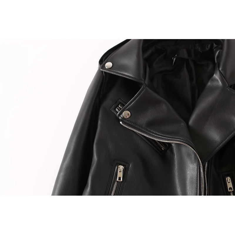 Schwarze Damenjacke aus PU-Leder mit Reißverschluss