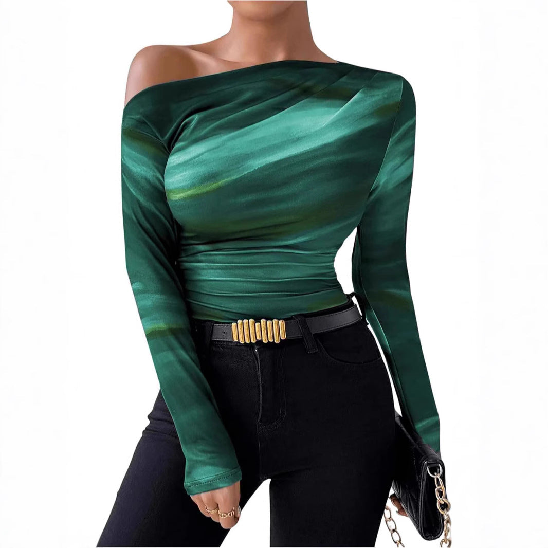 Nuova maglietta a maniche lunghe con volant asimmetrico e stampa tie-dye alla moda