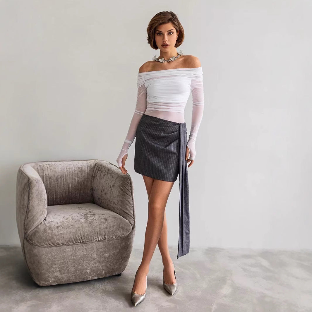 European And American Style Solid Color Slim-fit Fashionable Off-neck Mesh Long-sleeved Top