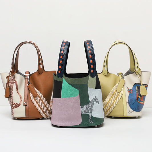 Cowhide Painted Vegetable Basket Portable Women's Bag Adjustable Shoulder Strap