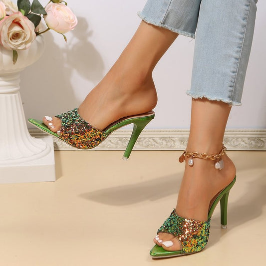 Sandali con tacco alto in paillettes in stile europeo e americano