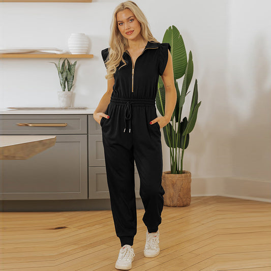 Tuta multitasche a vita alta versatile casual da donna, di colore puro