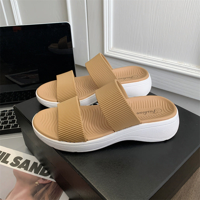 Pantofole da donna alla moda con suola spessa e doppio cinturino abbinato ai colori