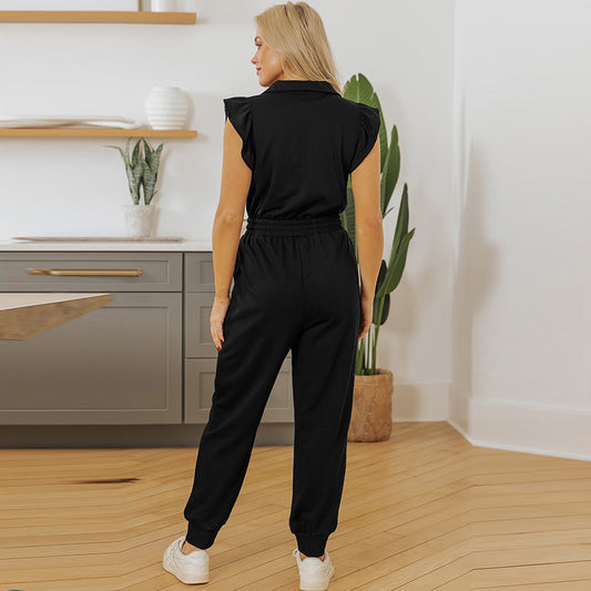 Tuta multitasche a vita alta versatile casual da donna, di colore puro