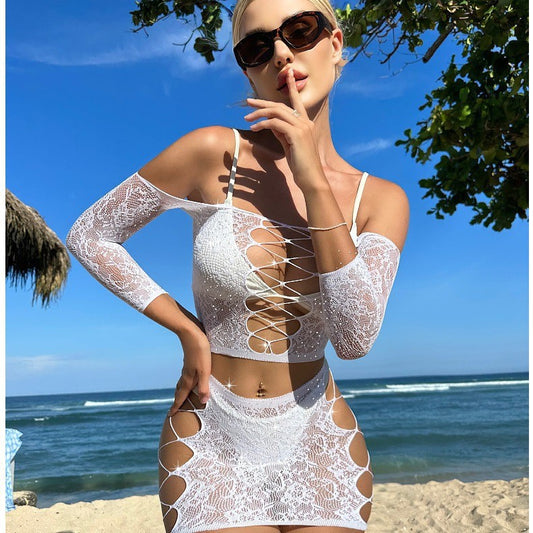 Sexy Rhinestone Off-shoulder Uniform Seductive Hip Skirt Suit