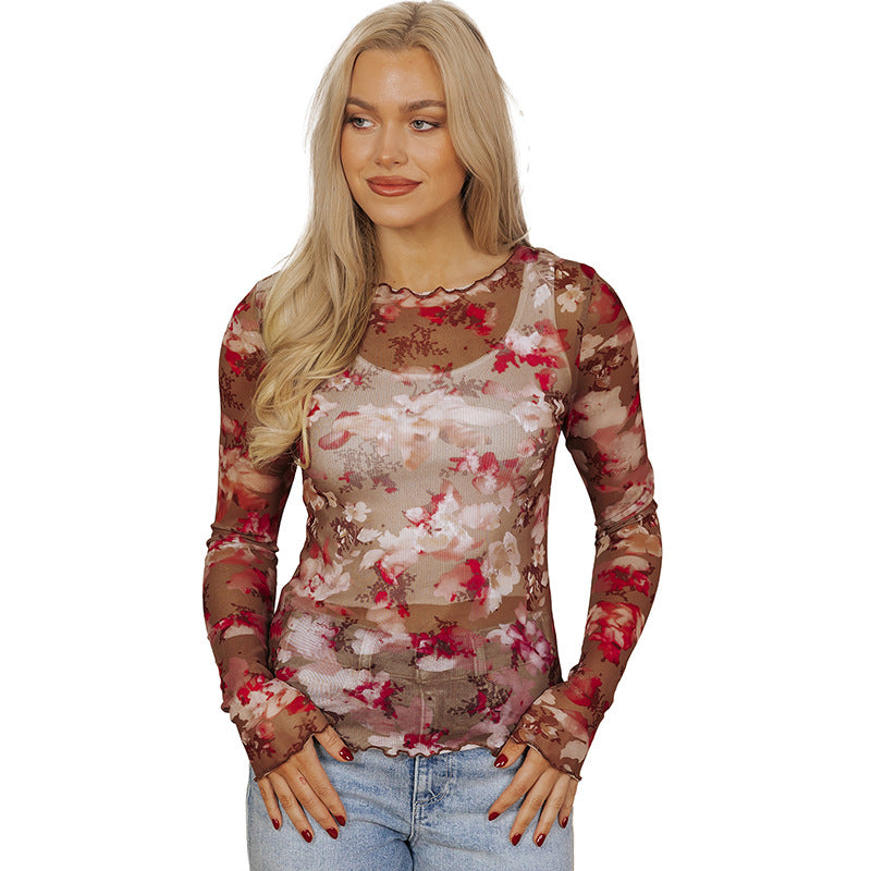 Maglia a maniche lunghe patchwork in rete alla moda da donna