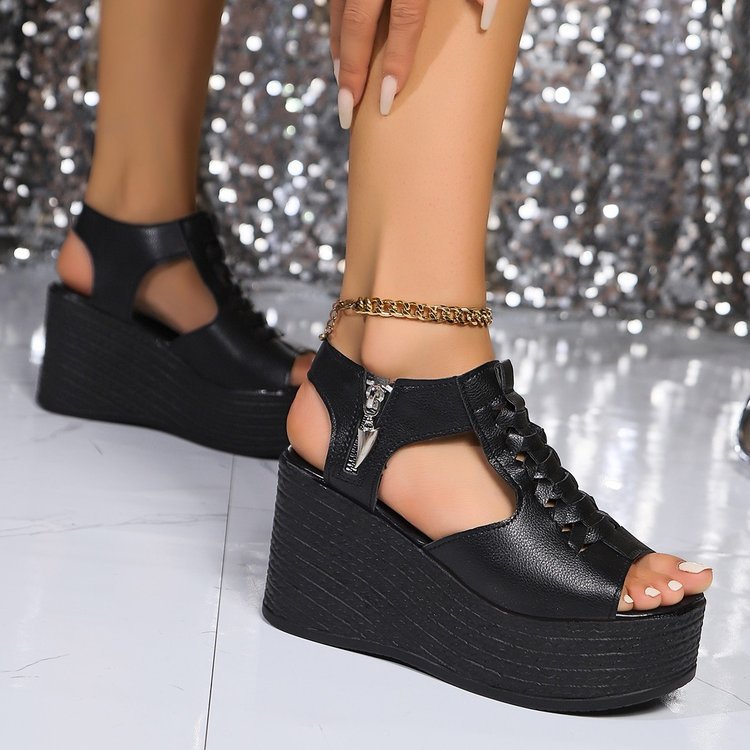 Sandali romani con zeppa e cerniera, punta aperta, scarpe da spiaggia da donna